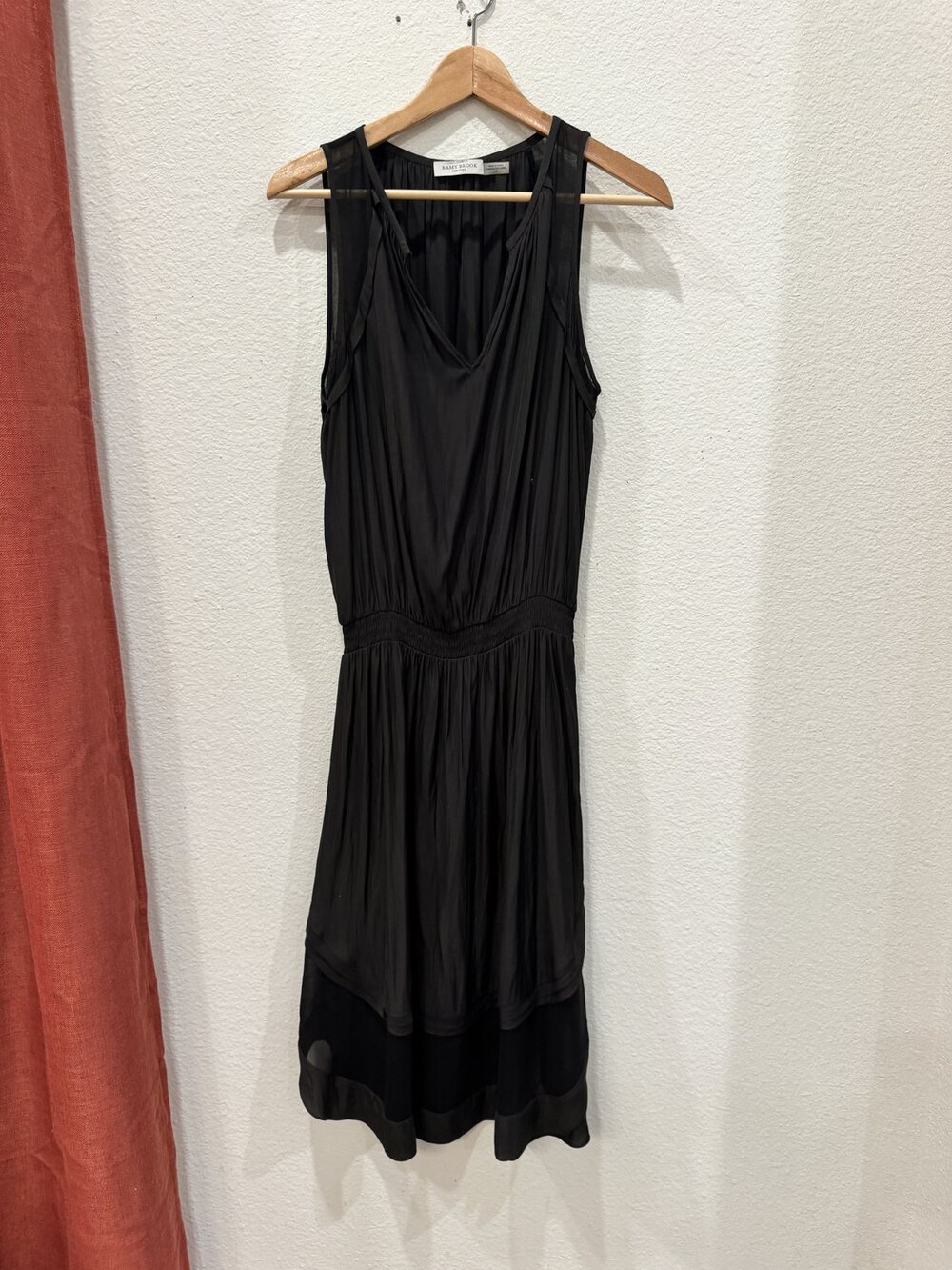 Ramy Brook New York Black Ruched Jersey Dress L Gathered Stretch Cocktail